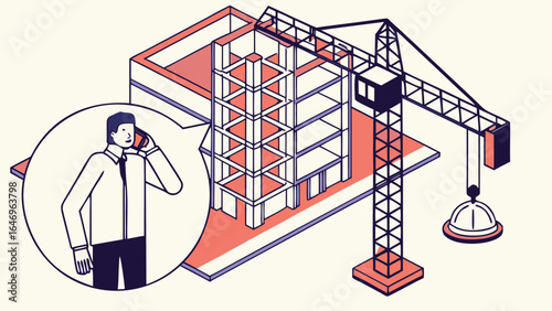 Man talking on phone near construction site with building and crane in isometric view illustration