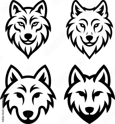 Four stylized wolf heads in bold black and white graphic design