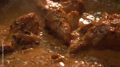 Closeup shot of cooking butter chicken in pan.