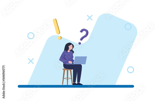 Smiling Woman Working on Laptop with Question and Exclamation Marks