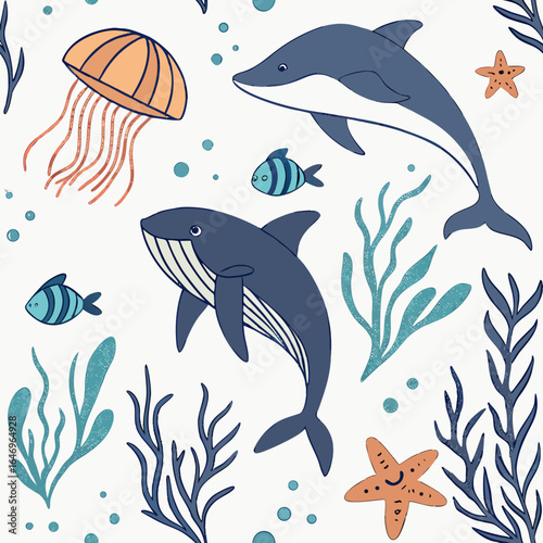 Watercolor Seamless Underwater Pattern – Bright Fish, Whale, Shark, Dolphin, Starfish, Jellyfish, Seashells, Ocean Life Background
