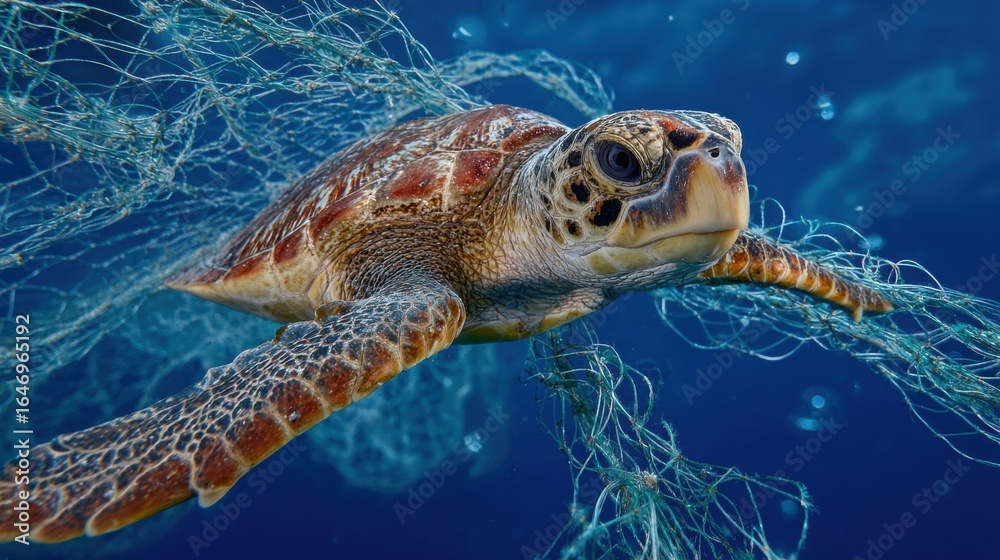 Obraz premium A green sea turtle glides gracefully beneath the water's surface. The turtle is caught in a tangle of fishing net debris, showcasing the impact of ocean pollution on marine life