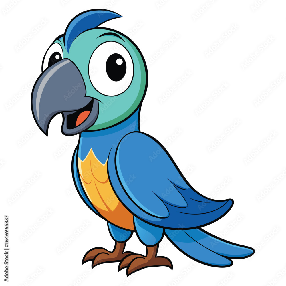 Obraz premium Cartoon Parrot Mascot with Open Beak in Teal and Blue Colors, on White Background