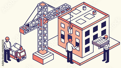 Isometric view of a construction site with workers crane building and cement truck in a stylized design