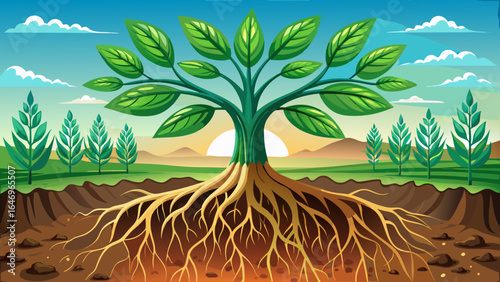 Delicate roots anchor deeply, tender shoots reach skyward, thriving on fertile earth, embodying resilience and renewal, while nature’s serene embrace nurtures every stage of this graceful, semi-realis