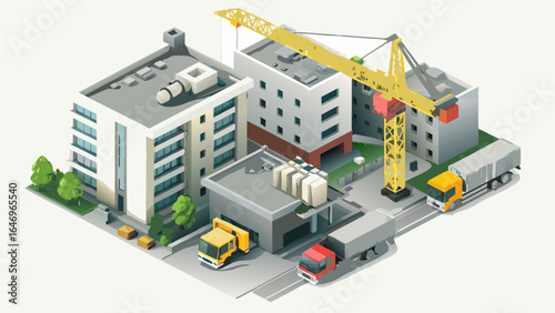 Isometric view of a construction site with buildings crane and trucks in a city environment scene render