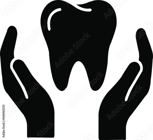 dental care protection icon with hands holding a tooth symbolizing oral health support sensitive teeth treatment and professional dentist service vector solid glyph 