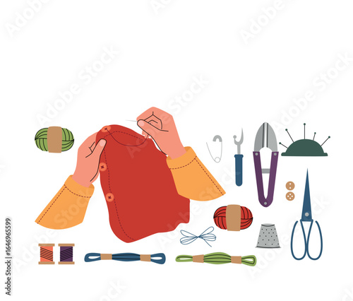Flat illustration of hands sewing a red garment with thread and needle. Surrounded by sewing tools such as scissors, thimble, thread, seam ripper, and pincushion. Ideal for DIY, crafts, and