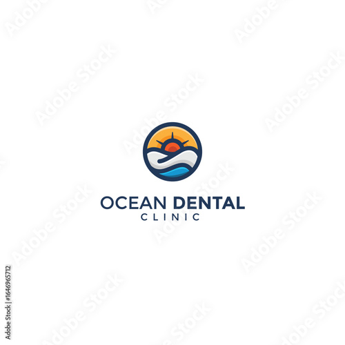 Ocean, sun, and waves dental logo design. Minimalist dental logo with blue waves, ocean, and sun. Perfect for dental clinics and oral health professional businesses that want a sunset and ocean feel.