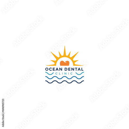 Ocean, sun, and waves dental logo design. Minimalist dental logo with blue waves, ocean, and sun. Perfect for dental clinics and oral health professional businesses that want a sunset and ocean feel.