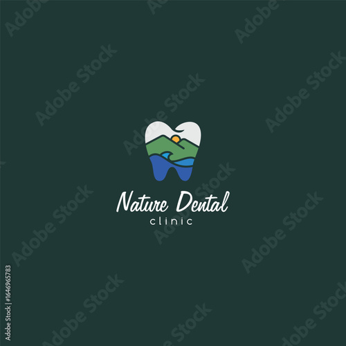 nature dental logo design. A simple, clean, and modern dental logo featuring a tooth and mountain concept is perfect for dental clinics seeking a natural, warm, and calming identity
