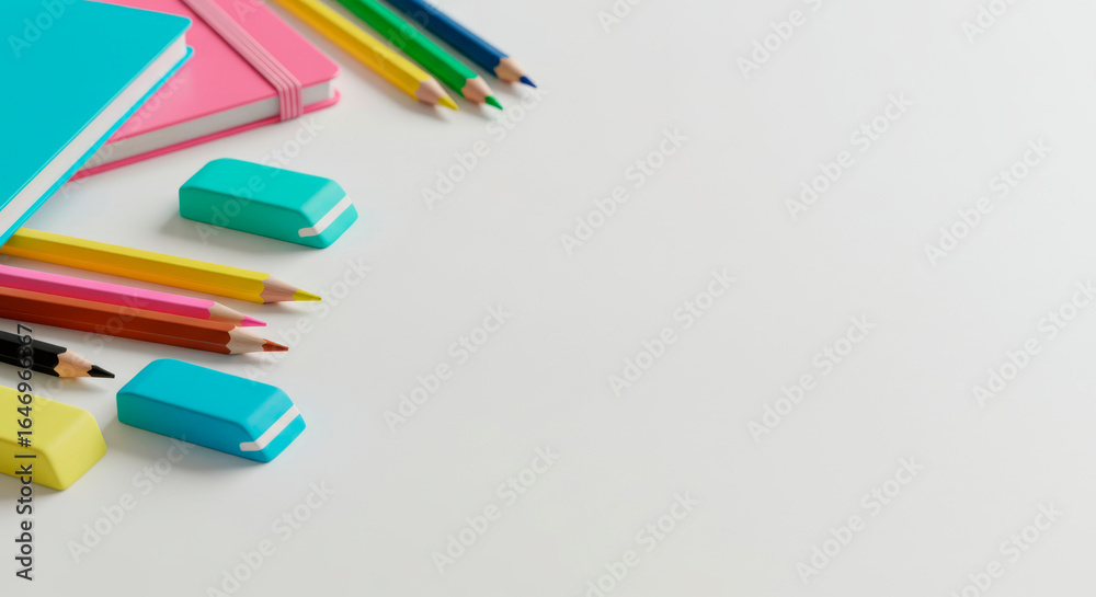 Fototapeta premium Flat lay stationery template with notebooks, pencils, and erasers on a white background with a large copy space.
