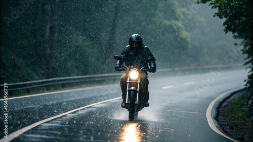 Motorcycle in rain photo, biker in storm JPG, rainy weather riding, motorbike lifestyle picture, wet road motorcycle, rider silhouette in rain