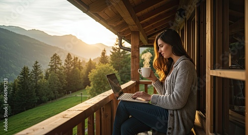 Woman working on laptop outdoors