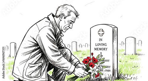 Man placing flowers at gravestone in cemetery sketch