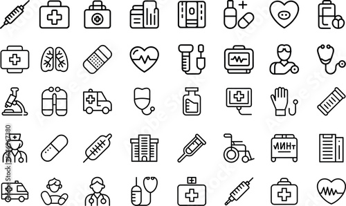 Healthcare line icon set, hospital, research, science, wellness, doctor, cardiologist, clinical and more victor illastretion.