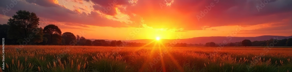 Obraz premium A vibrant sunrise paints the sky with warm hues, casting a golden glow over a tranquil landscape; perfect for radio station branding or nature-themed projects , antenna, rural, landscape