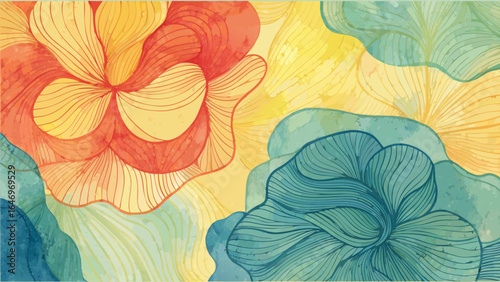 Abstract watercolor floral design featuring orange yellow and teal hues with line details art