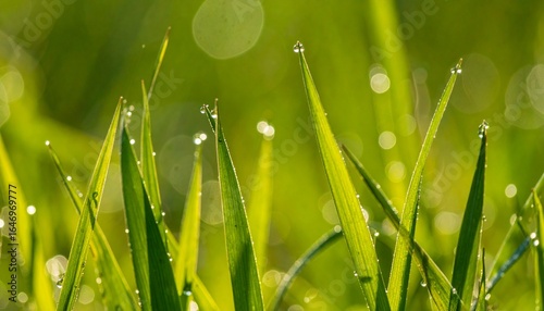 Macro shot of dew drops on green grass blades in early morning sunlight photorealistic nature scene