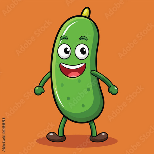 Happy Pickle Character with Arms and Legs on Orange Background