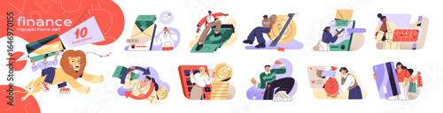 Set of finance transactions. Online banking in app, currency exchange, cash withdraw, payment by credit card. Financial literacy and management. Flat isolated vector illustrations on white background.