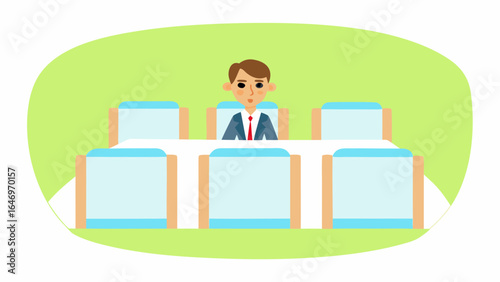 A cartoon man in a suit sitting at a long white table with six chairs in a green room illustration