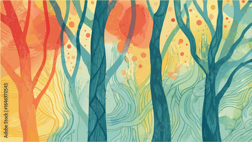 Abstract watercolor painting of a forest with colorful trees and a whimsical and dreamy atmosphere