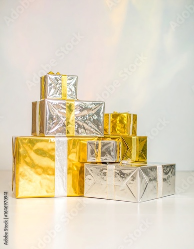 Stack of gold and silver wrapped presents on white surface
