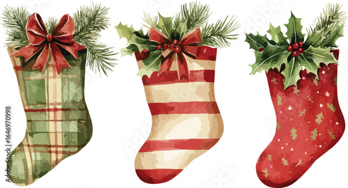 Watercolor Christmas Stockings with Holly and Pine Branches Illustration