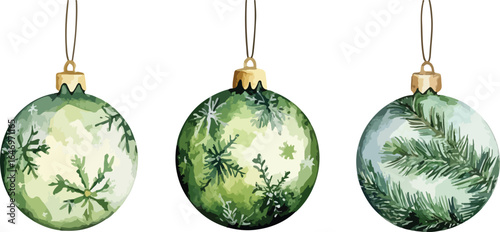 Watercolor Christmas Ornaments in Green Tones on a White Background