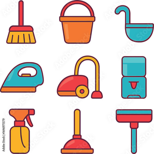 Cleaning supplies vector simple style various tools bright colors domestic chores high quality professional