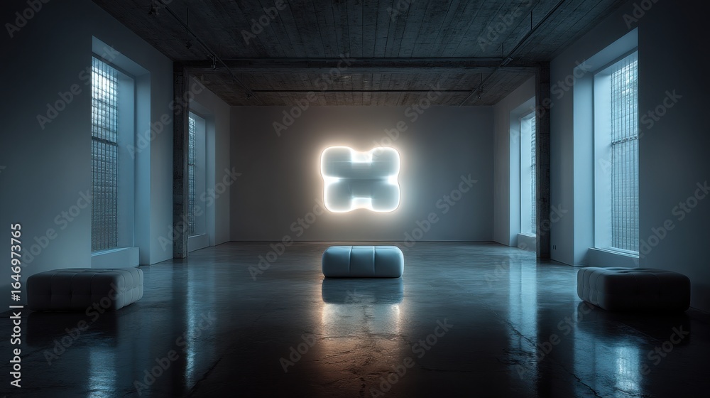 Fototapeta premium Cold gray room with a single illuminated sculpture 