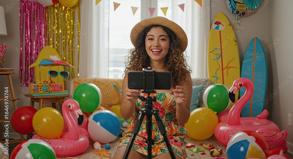 Naklejka premium Young woman recording video in party room