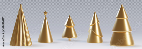 Modern 3d cone Christmas tree set on transparent backdrop - minimalist holiday decorations in gold metallic colors, abstract geometric pine shapes with star topper for festive winter design