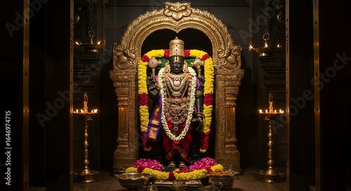 Tirupati Balaji Idol in Dimly Lit Temple Alcove