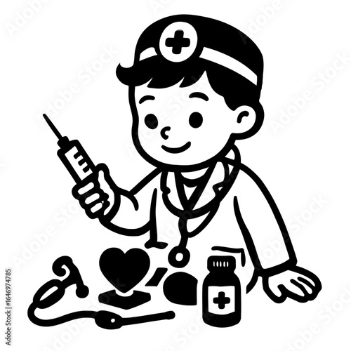 Little Doctor with Syringe and Medical Supplies Vector