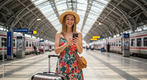 Young woman using phone at train station