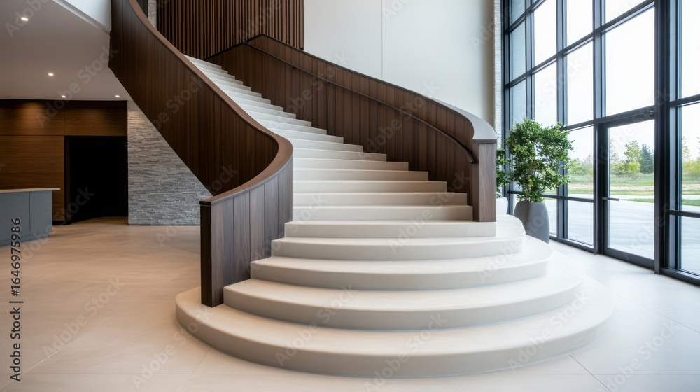Fototapeta premium Elegant Modern Staircase in Stylish Lobby with Natural Light and Minimalistic Design