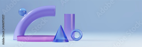 Glass 3d podium shapes in purple and blue gradient - transparent geometric forms, curved arch and sphere. Modern abstract display composition for product presentation minimalist showcase design.