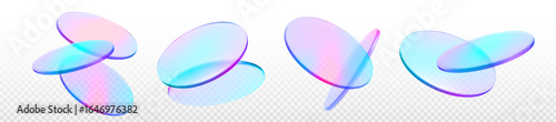 3d holographic podium elements with translucent gradient discs. Floating iridescent pink, blue and purple ovals overlapping on transparent background for modern display design. Glass like surfaces.
