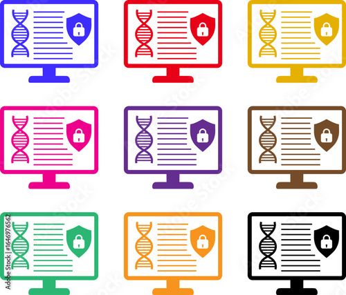 Set of vector icons depicting genetic data security on computer monitors. Genetic Data lock icons set