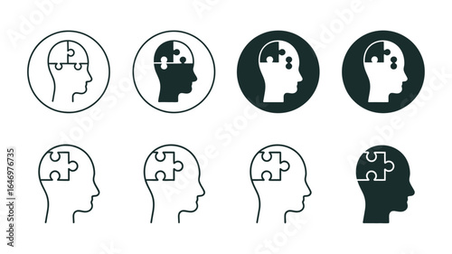 Human head profile icon set with puzzle piece. Conceptual symbols for psychology, mental health, logic, and creative thinking vector illustration. c.eps