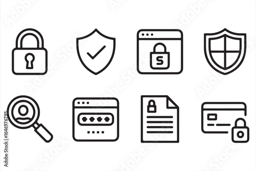 Cybersecurity and Data Protection Icon Set Featuring Lock, Shield, Password, Secure Payment, and Privacy Symbols in Minimal Outline Style