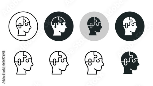 Human Mind Intelligence Icon Set - Conceptual Profile with Puzzle Piece for Psychology, Learning, and Problem-Solving