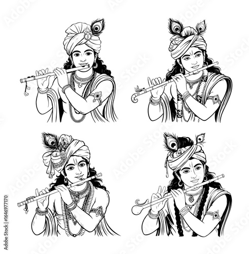 Lord Krishna Playing Flute Vector Set Hindu God Line Art Illustration
