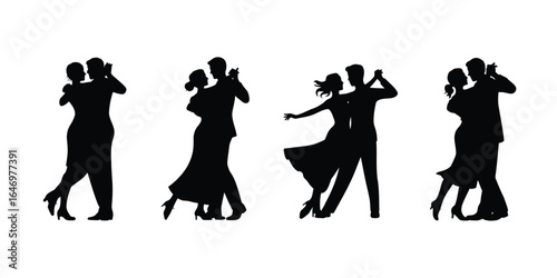 Silhouettes of couples dancing ballroom and waltz dances, romantic movement and elegance