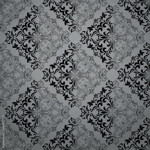 Wallpaper in the style of Baroque. Gray and black floral ornament. Seamless vector background. Graphic pattern for fabric, wallpaper, packaging. Ornate Damask flower illustration