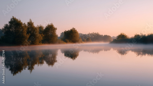 Peaceful sunrise over foggy lake with soft water, calm atmosphere, and trees reflecting in gentle morning light