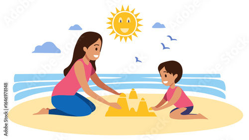 Happy mother and child are building a sand castle by the sea shore