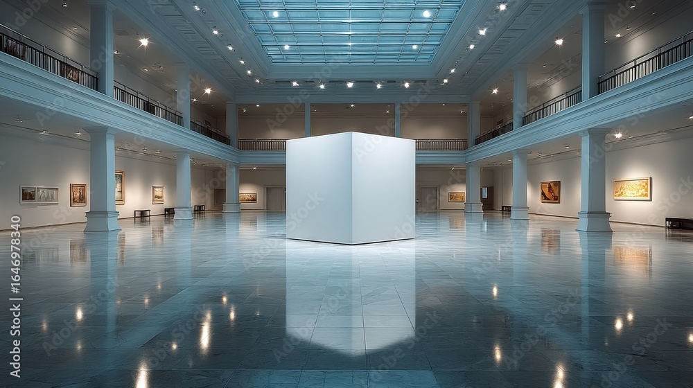 Fototapeta premium White cube podium in a quiet, open museum hall